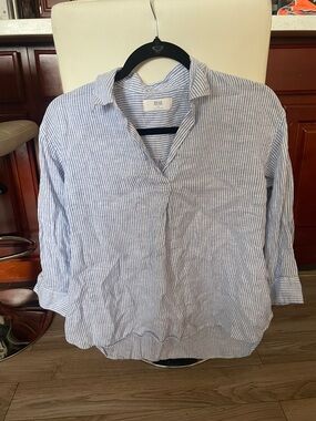 Uniqlo Blue and White Striped Linen-Blend Pullover Shirt